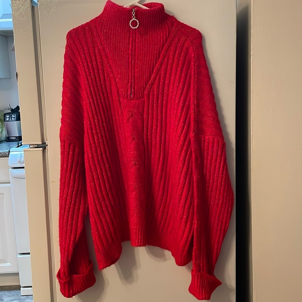 VENUS Womens 3x Oversized Heather Red 1/4 Ring Zip Pullover Cable Knit Sweater